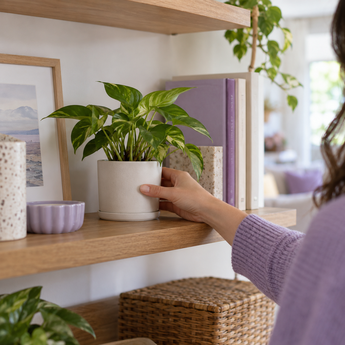 Ordinary plant shelf before adding a playful accent